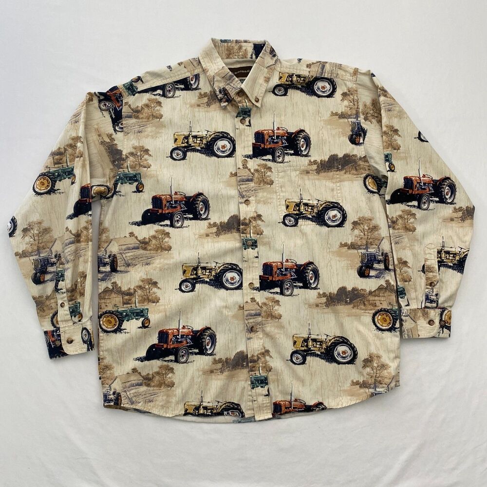 Bit & Bridle Button Down Shirt Mens XL Western AOP Tractor Print Rodeo Country